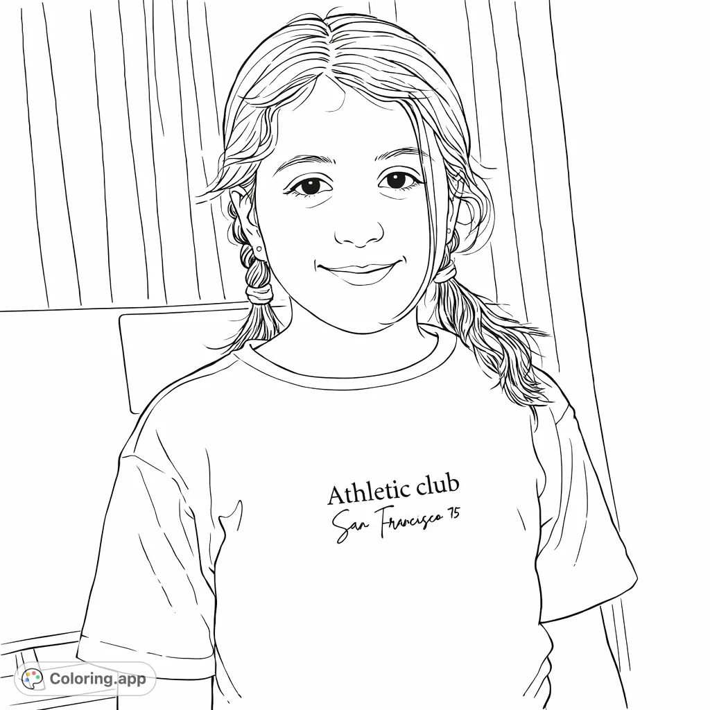 A sweet young girl with pigtails smiles cheerfully, wearing a shirt with text. A delightful portrait offering creative expression for hair, clothing, and background.