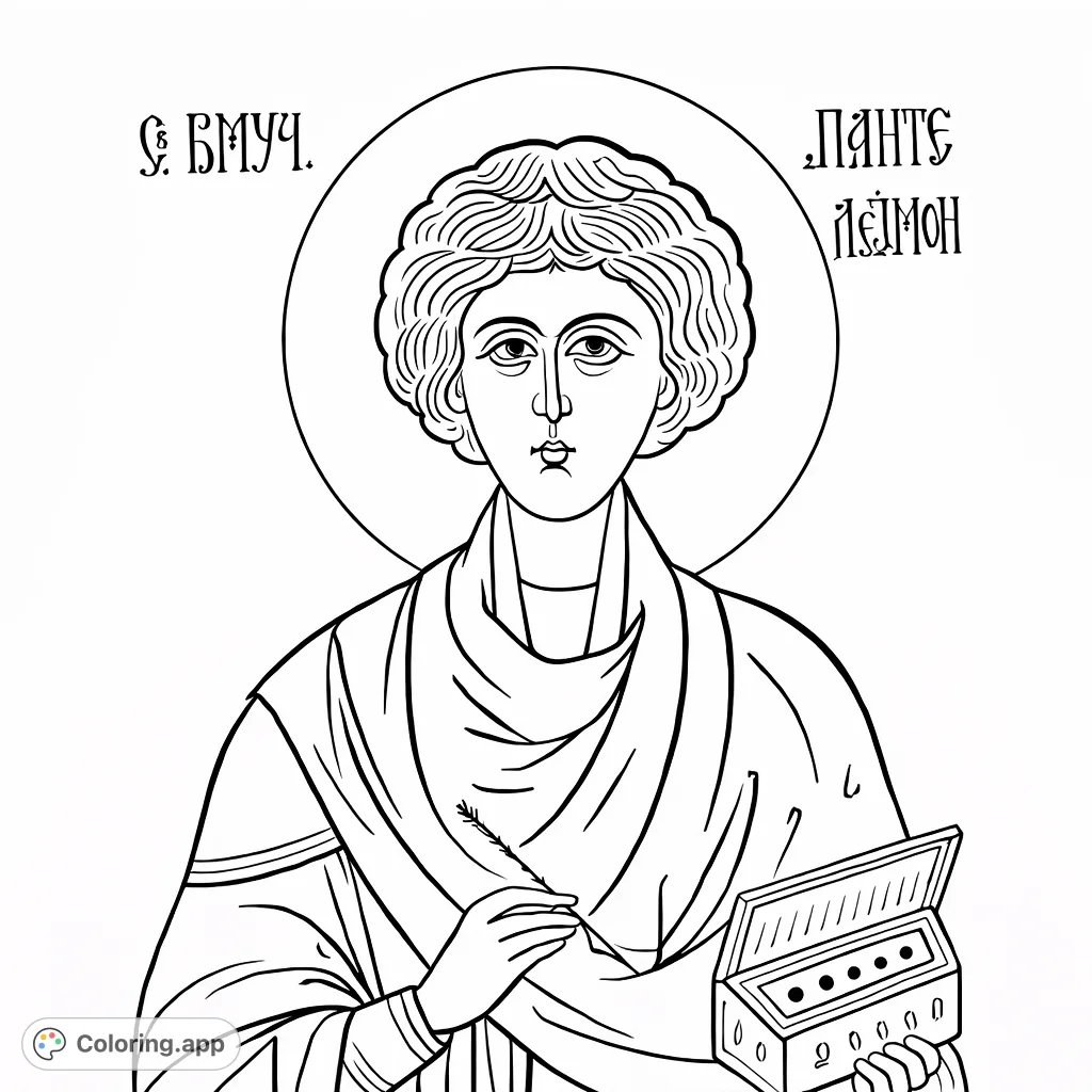 Color a serene portrait of a youthful figure from an ancient icon, holding a stylus and a box, surrounded by sacred text. An intricate religious icon coloring page.