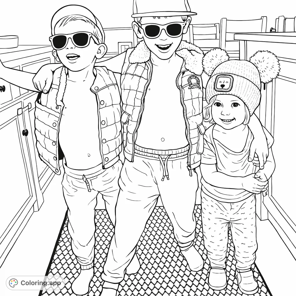 A fun coloring page featuring three children in quirky hats, sunglasses, and playful outfits, ready for creative expression.