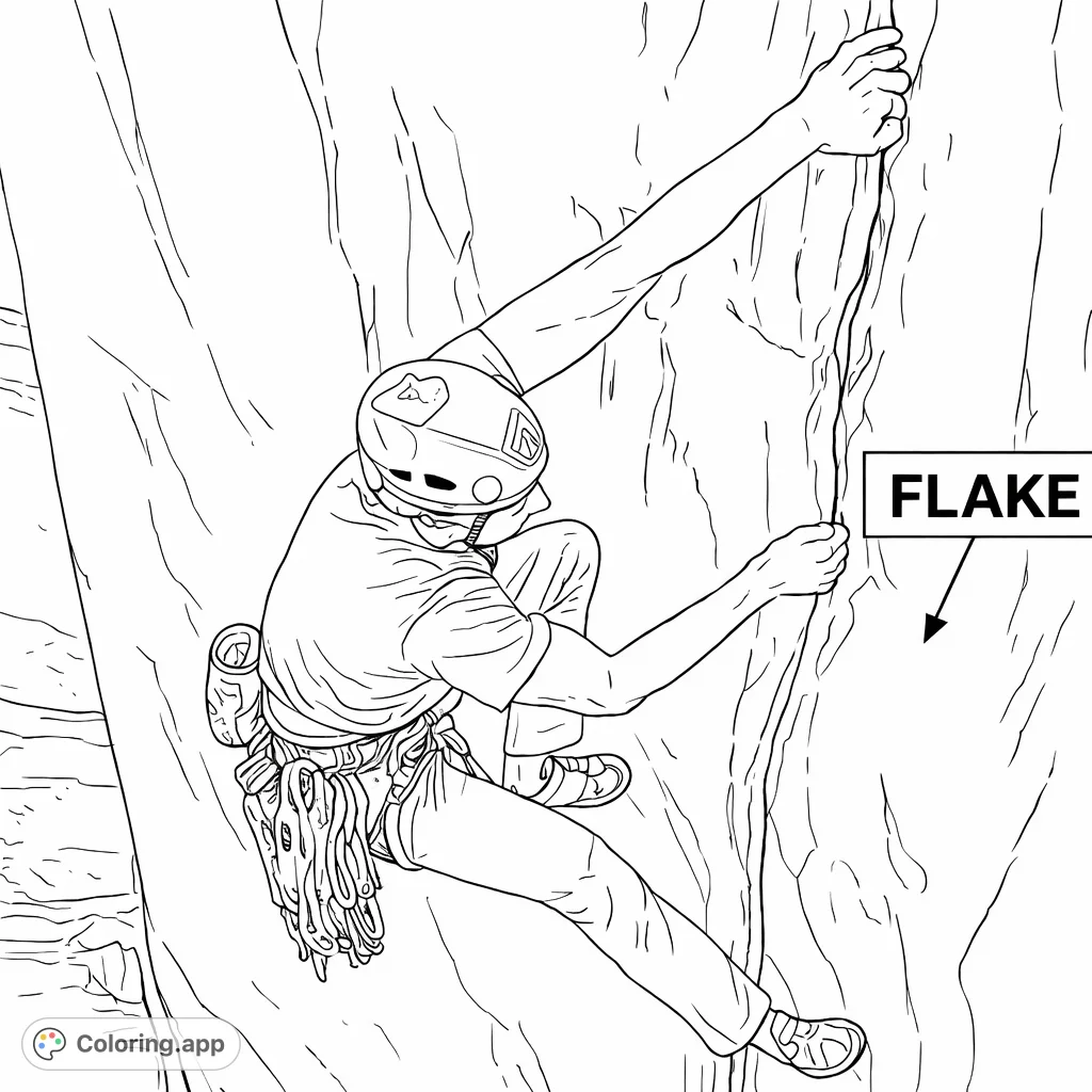 Embark on an exciting rock climbing adventure! This coloring page features a determined climber ascending a textured rock face, complete with detailed gear.