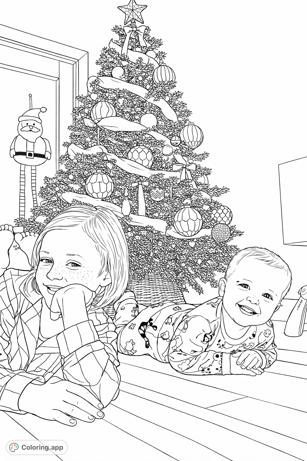 Two joyful siblings in pajamas, surrounded by a twinkling Christmas tree and festive decorations, ready for a cozy holiday coloring page adventure.