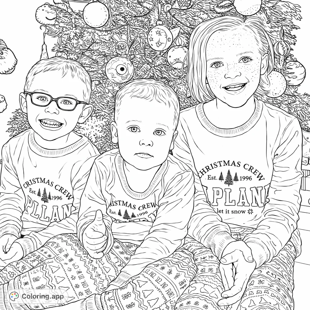 Three cheerful children in patterned pajamas pose happily in front of a festive, ornament-laden holiday tree, ready for a heartwarming and detailed coloring adventure.