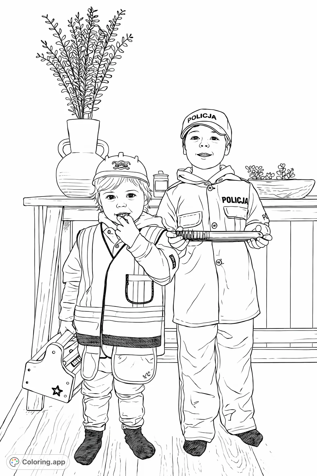 Two children in career costumes, one a construction worker and one a police officer, standing ready for a day of pretend play.