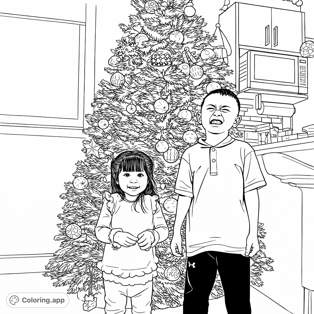 Capture the joyful spirit of two children posing in front of a beautifully decorated evergreen tree. Perfect for celebrating special family moments.