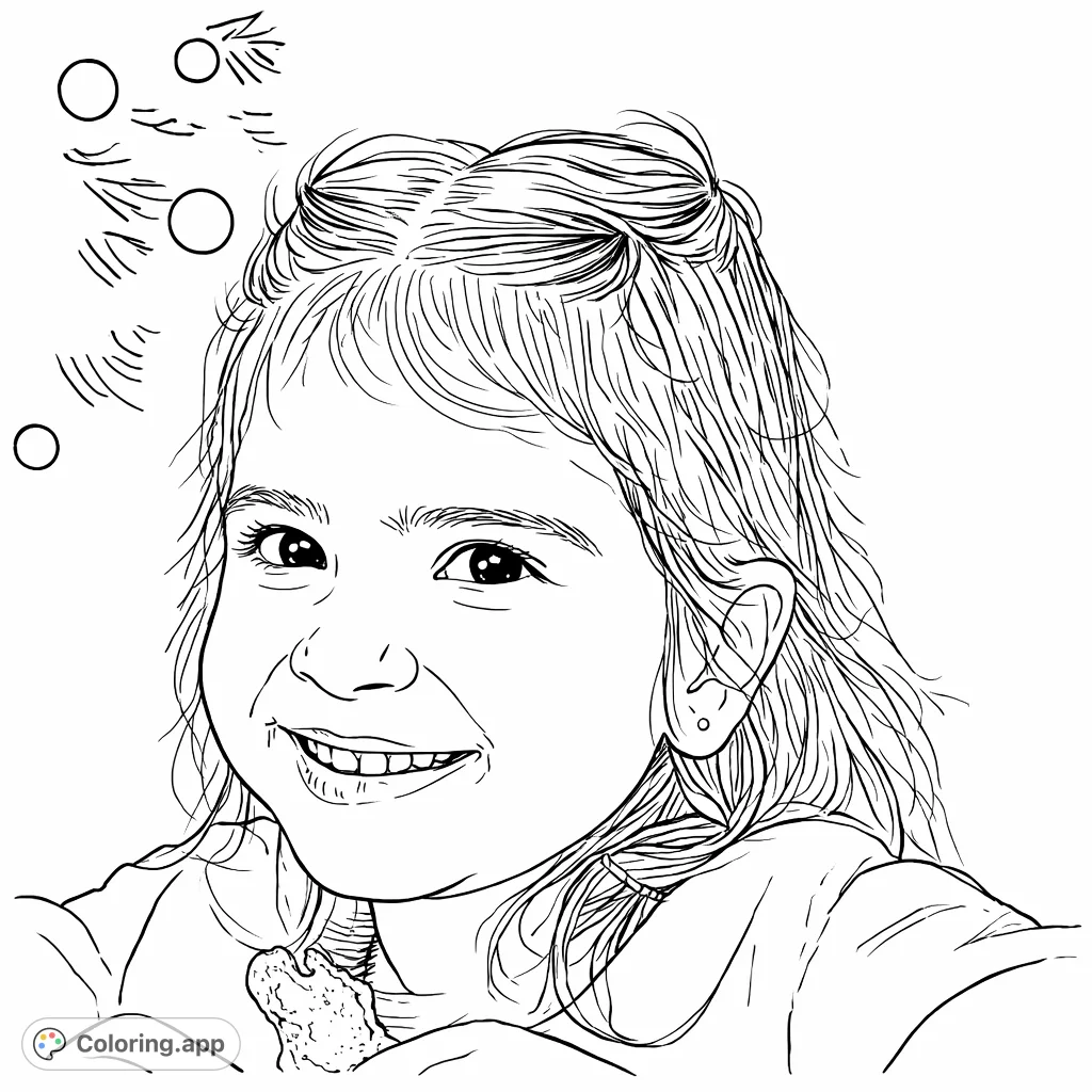 A delightful coloring page featuring a smiling girl holding a cookie, with a festive background. Perfect for young artists to explore imagination and joy.