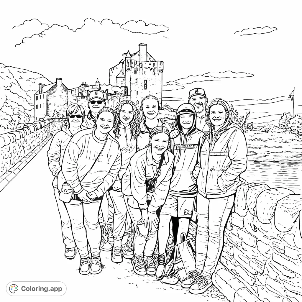Color a lively group of people posing in front of a majestic, ancient castle, set against a backdrop of rolling hills and a wide body of water.