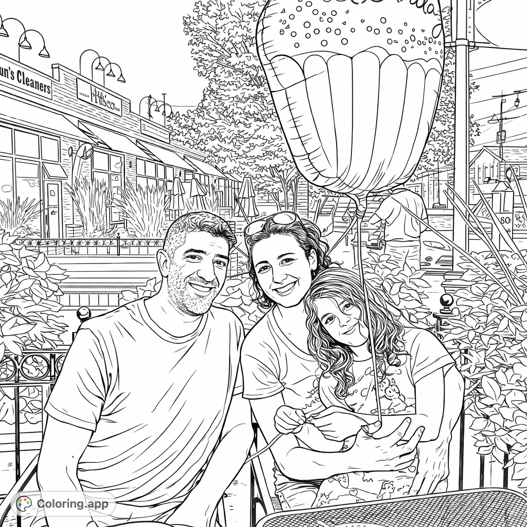 Capture a joyful family outing. A dad, mom, and daughter share a sweet moment outdoors with a festive cupcake balloon, surrounded by a lively street scene.
