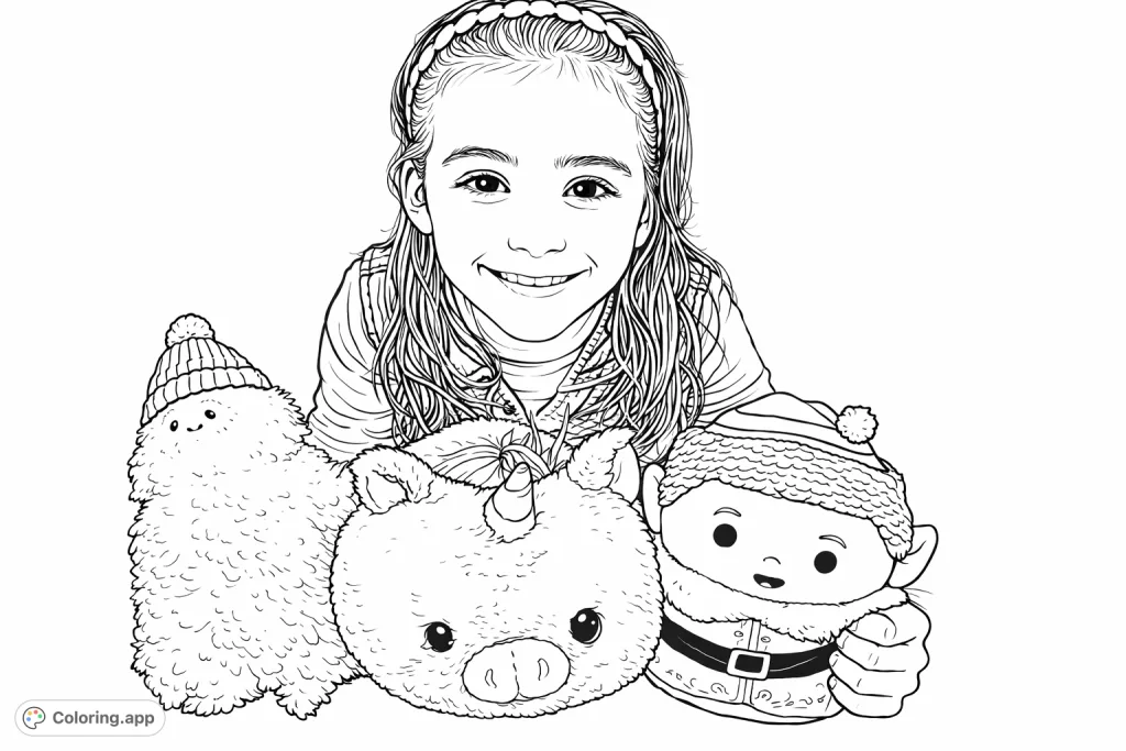 A joyful girl smiles alongside her whimsical collection of plush toys: a fluffy festive character, a cute unicorn pig, and a playful elf.