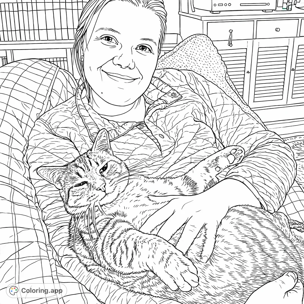 A heartwarming scene of a woman cuddling a content tabby cat in a cozy armchair. Perfect for animal lovers seeking a relaxing and charming coloring experience.