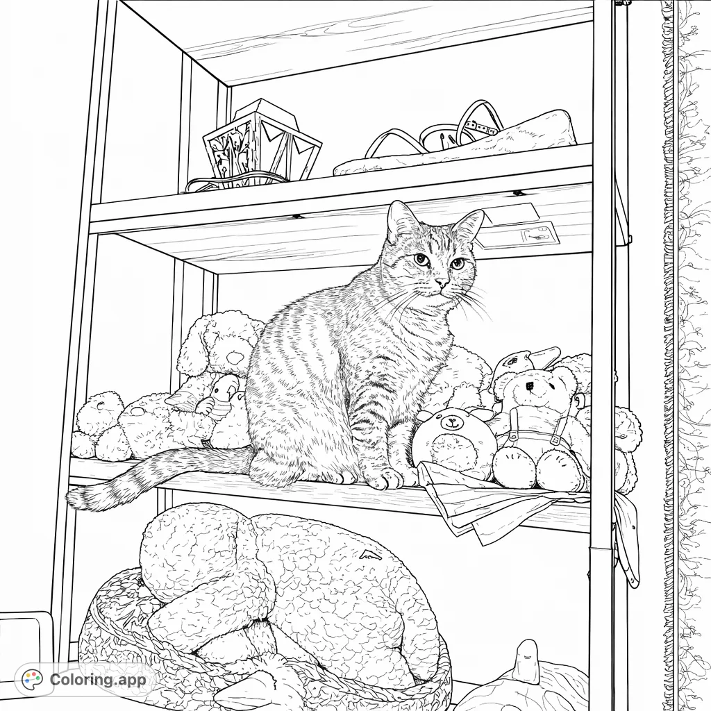 A charming cat sits among an array of stuffed animal companions on a detailed shelf, offering a delightful scene for feline and toy enthusiasts to color.