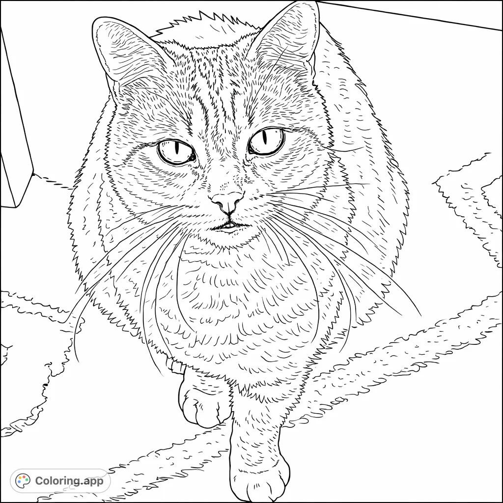 A captivating cat coloring page featuring a domestic feline looking directly forward. Enjoy coloring intricate fur patterns and expressive features.