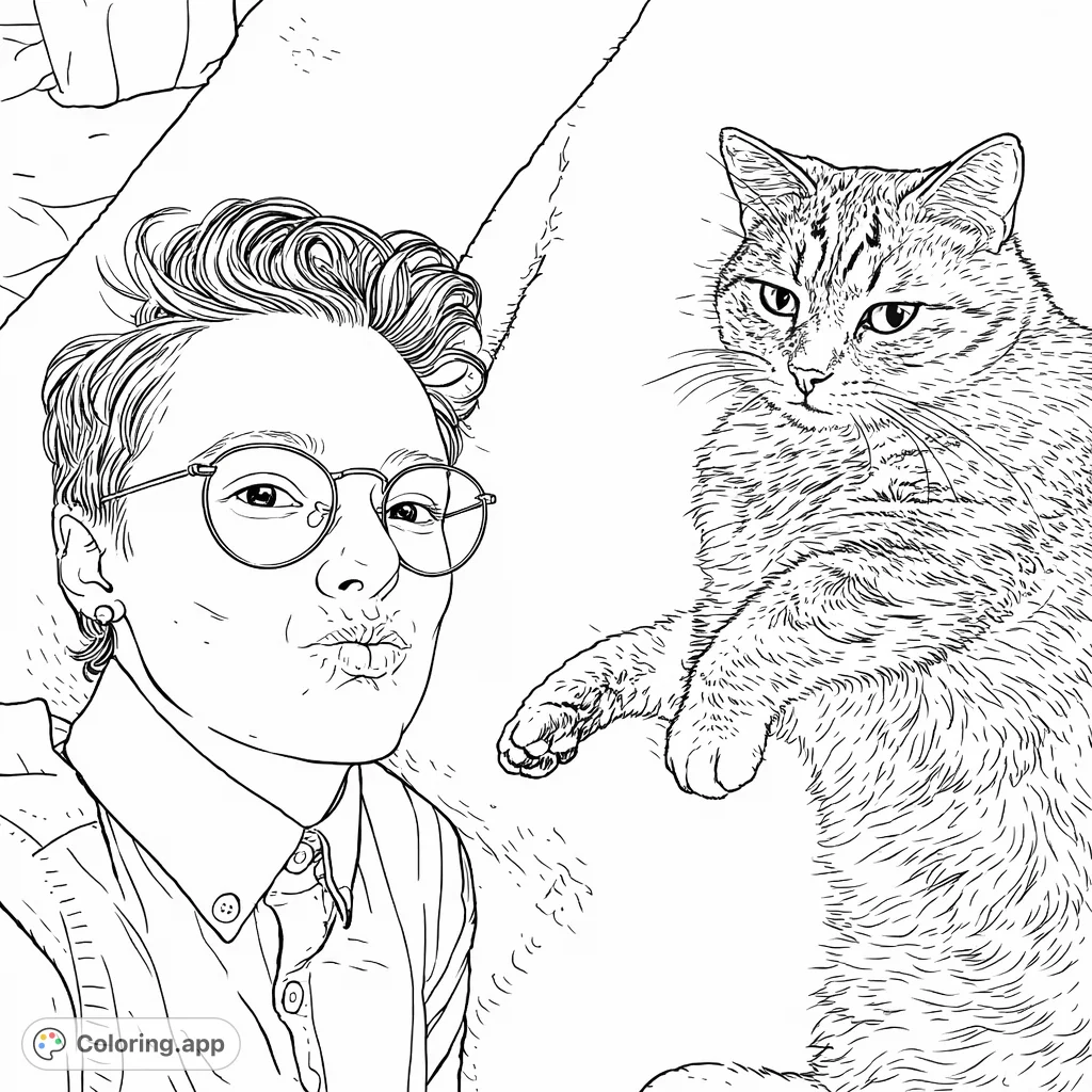 A charming coloring page featuring a person making a kissing face alongside a relaxed feline companion, perfect for pet lovers and all ages.