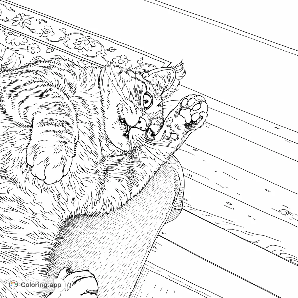 A charming tabby cat lounges playfully on a lap, showcasing a quirky expression and paw pads. Perfect for cat lovers seeking a delightful coloring experience.