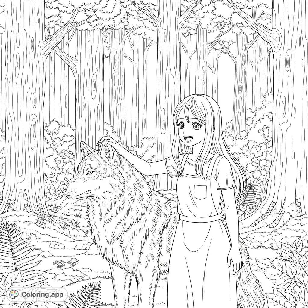 An enchanting anime girl, smiling peacefully, gently pets a majestic wolf in a serene forest. A free printable anime girl coloring page.