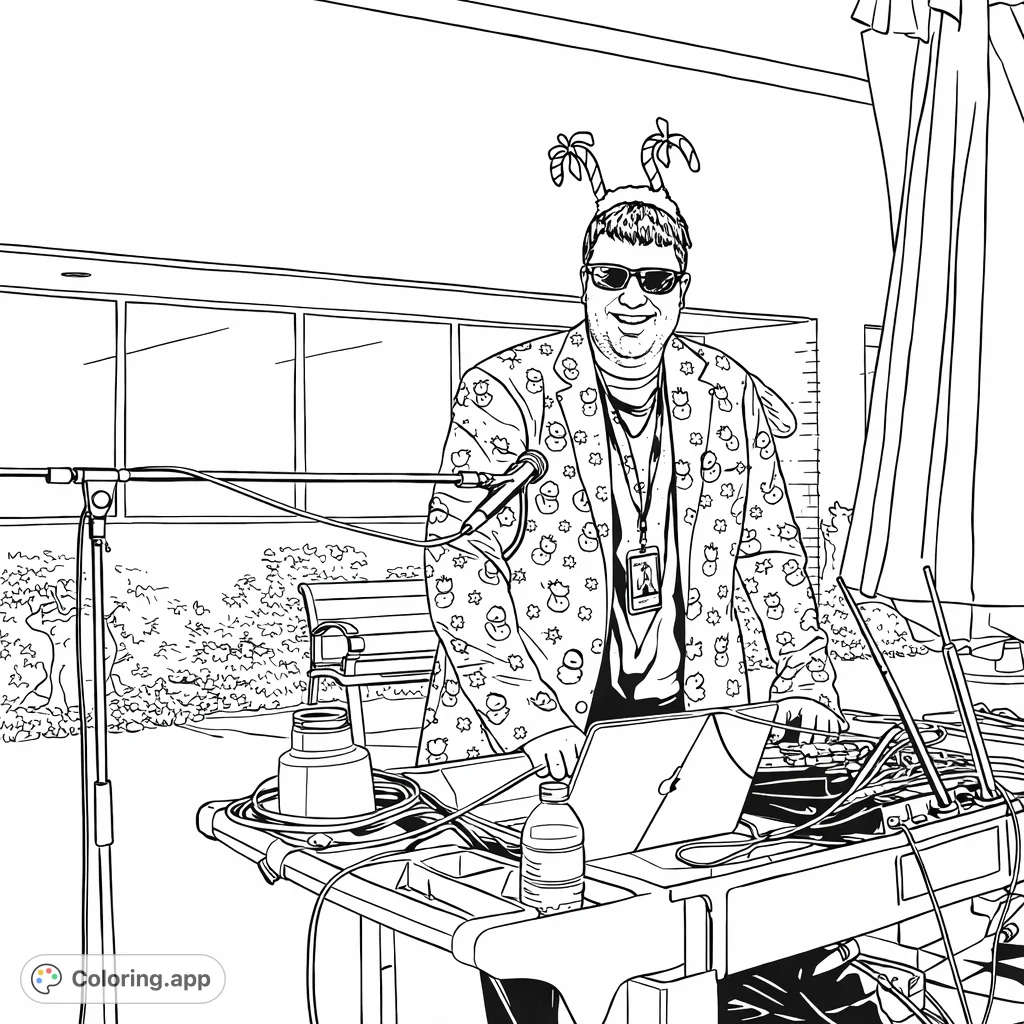 Get ready to color a cheerful DJ spinning tunes in a festive snowman-patterned jacket, complete with candy cane headwear and a detailed setup.
