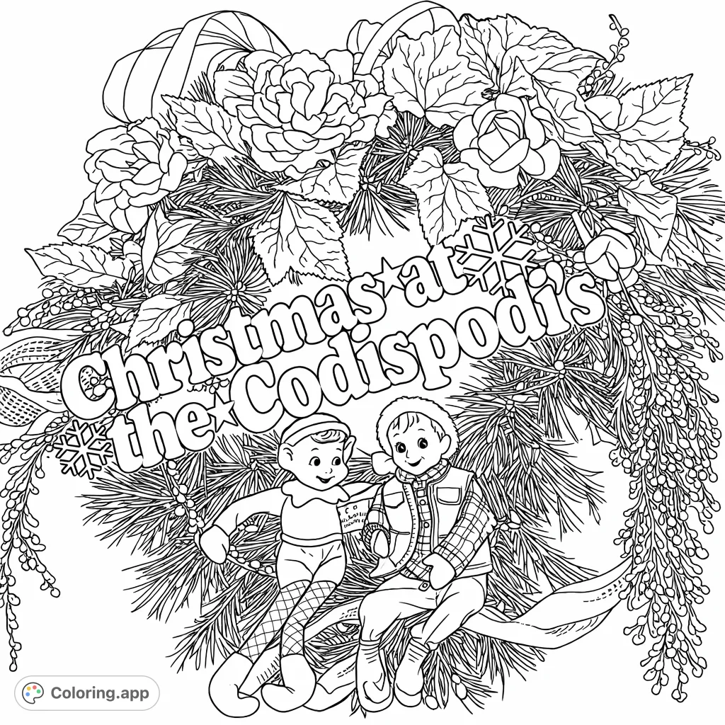 A delightful holiday scene featuring two charming elves perched on a festive wreath adorned with flowers, ribbons, and a personalized sign. Perfect for seasonal fun!