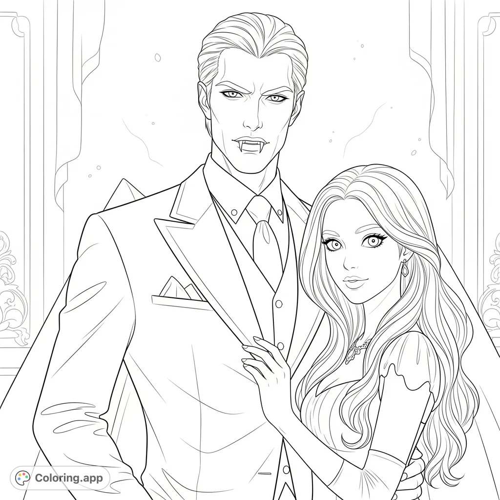 A striking vampire man in a tailored suit alongside a captivating girl, featuring fangs and an intense gaze. An elegant scene for coloring.