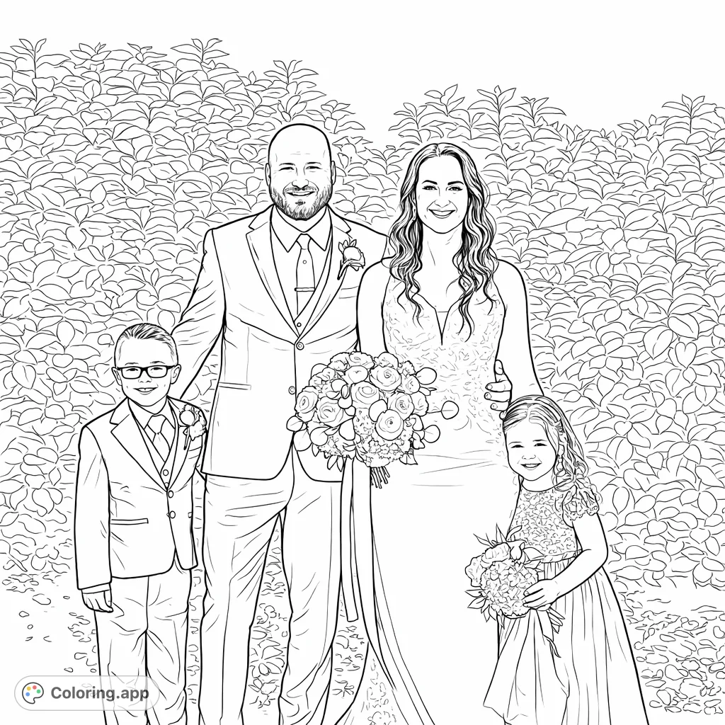 A heartwarming wedding family portrait featuring a couple and two children, captured in a moment of joy against a leafy backdrop. Perfect for celebrating family love.