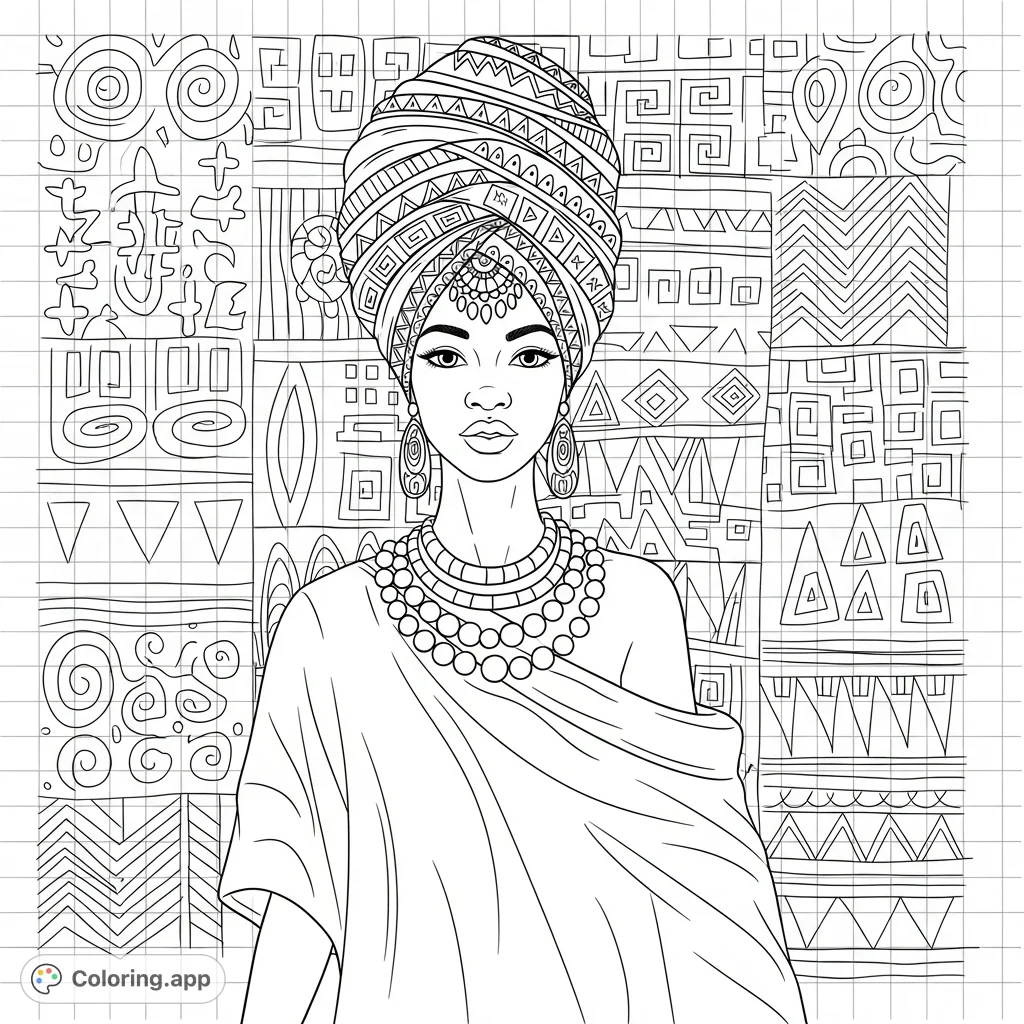 A powerful African American woman stands adorned in cultural patterns, surrounded by symbols of heritage. A free printable coloring page.