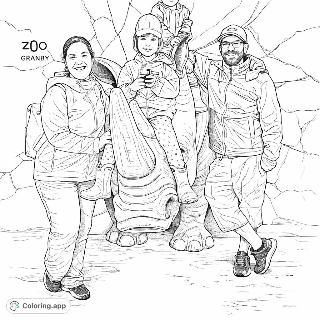 Capture a heartwarming family moment at the zoo, posing with a magnificent rhino statue. A fun and engaging coloring page for all ages.