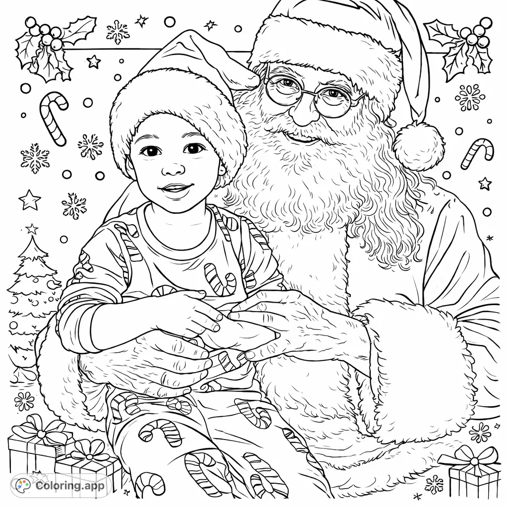 Capture the holiday spirit with this heartwarming Santa Claus coloring page featuring a child on his lap. A festive and joyful scene for all ages!