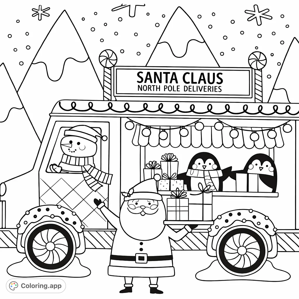 Join Santa, a snowman, and penguins on a festive delivery! This charming scene features a gingerbread truck, gifts, and snowy North Pole mountains.