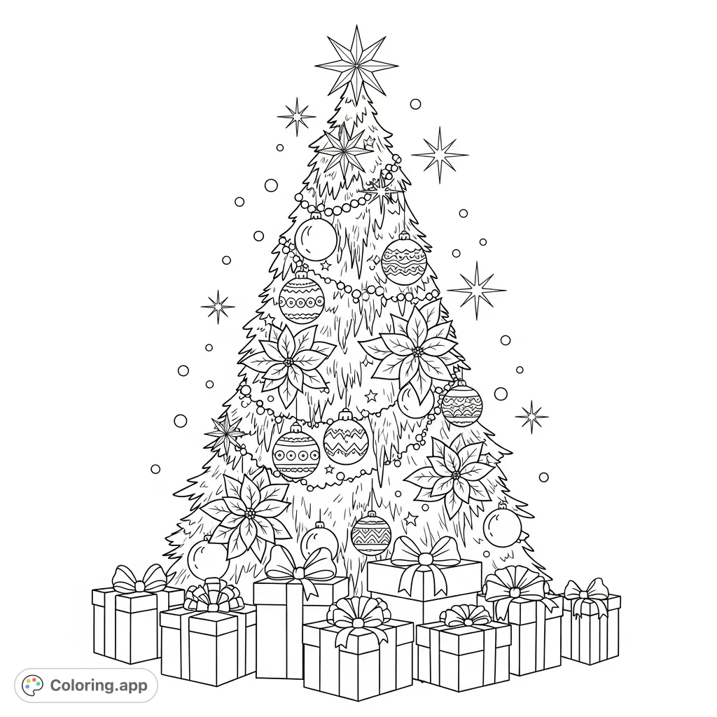 Adorn a beautiful Christmas tree filled with ornaments, blooming flowers, twinkling sparkle, and wrapped presents awaiting under its branches. Perfect for holiday joy!