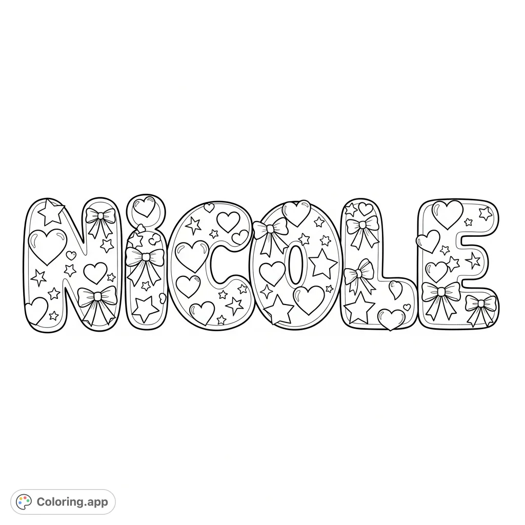 A whimsical coloring page featuring the name Nicole in puffy bubble letters, adorned with charming hearts, delicate bows, and twinkling stars. A perfect personalized design.