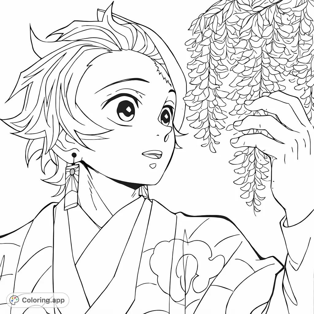 An anime hero stands among beautiful cascading flowers, his gaze full of wonder. A perfect anime coloring page for fans of intricate designs and nature themes.