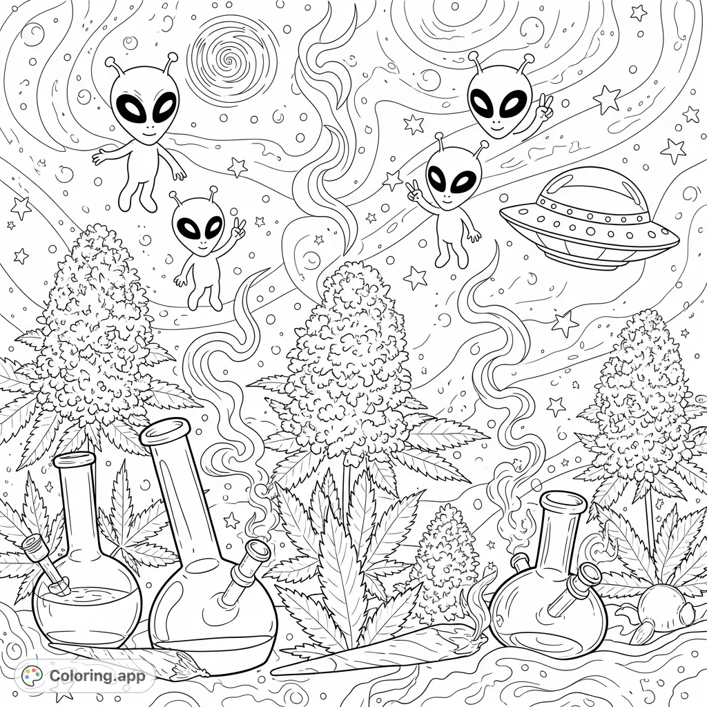 Explore a cosmic marijuana-themed coloring page featuring friendly aliens, a spaceship, bongs, joints, and swirling smoke amidst detailed weed flowers and celestial patterns.
