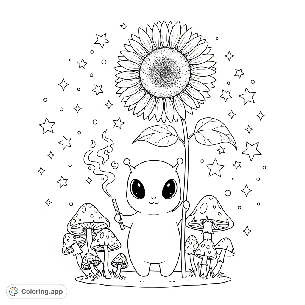 A charming coloring page featuring a tiny alien with big eyes holding a giant sunflower, surrounded by whimsical mushrooms, sparkles, and stars for a cozy cosmic vibe.