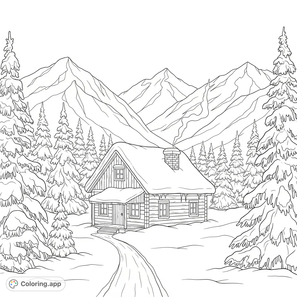 Color a tranquil winter mountain scene featuring a secluded snowy cabin, towering peaks, and snow-dusted pine trees. A serene nature escape.
