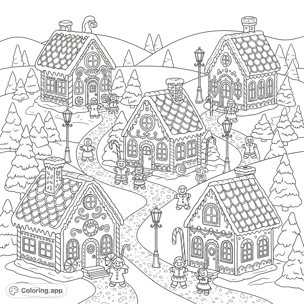 An intricate gingerbread Christmas village coloring page, featuring detailed houses, charming gingerbread people, and festive snowy landscapes for adults.