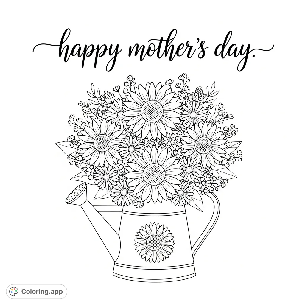 A charming Mother's Day coloring page featuring an elegant 'happy mother's day' script, a lovely floral bouquet with sunflowers and daisies in a watering can.