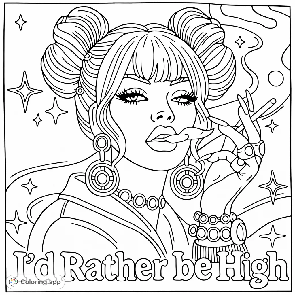 A captivating stylized woman with bold hair buns and expressive features. Intricate jewelry and abstract elements create a unique scene for coloring.