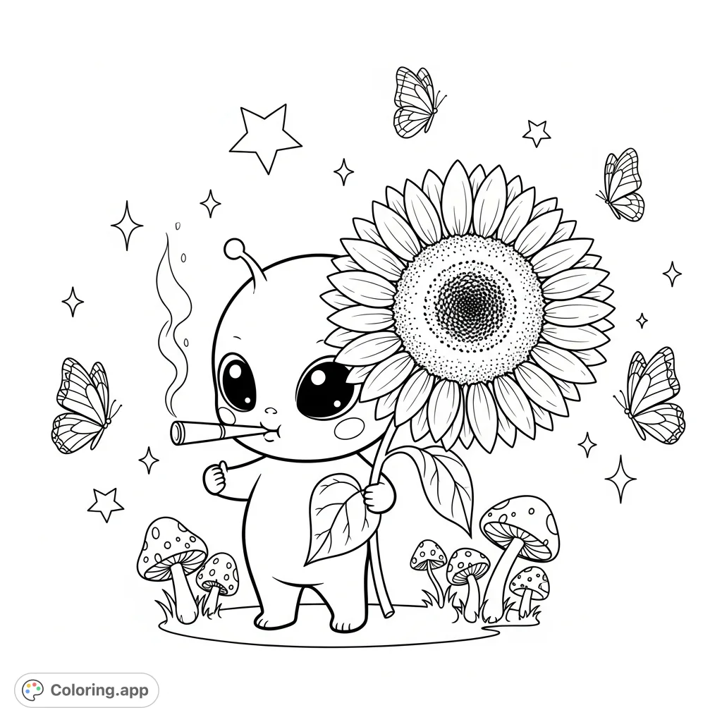 A charming, minimalist alien holds a sunflower while smoking, surrounded by stars, butterflies, and mushrooms. A unique blend of cute, whimsical, and subtly rebellious for coloring fun!