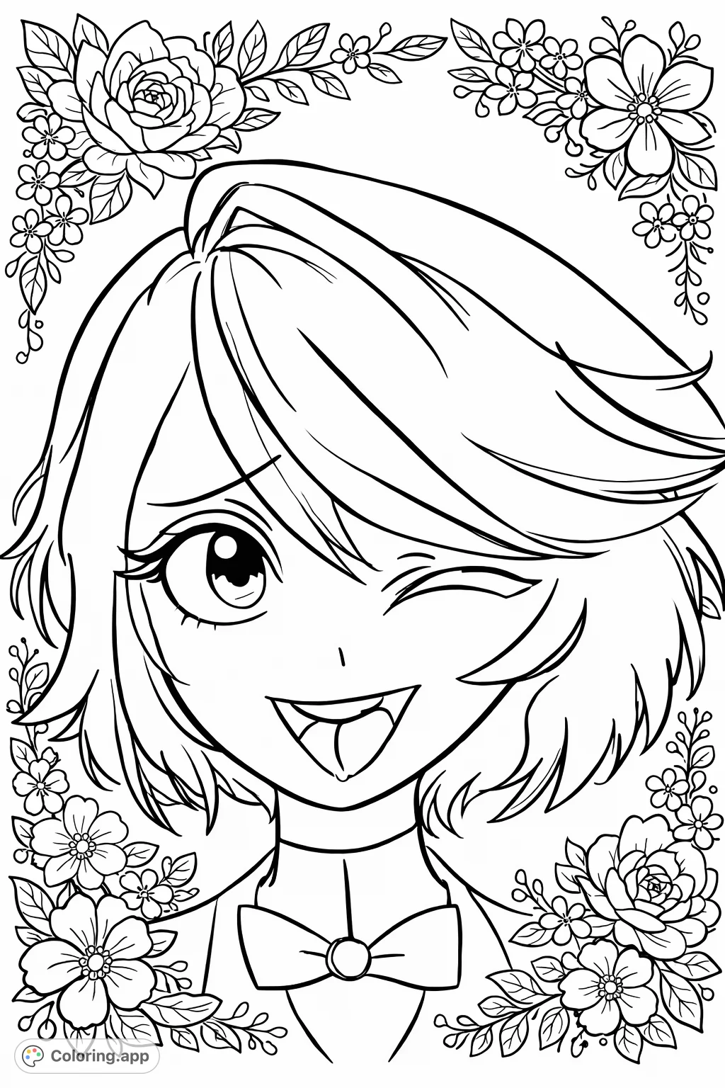 A playful, winking character with a shaggy haircut and bow tie, surrounded by decorative details. Perfect for an engaging and detailed coloring experience.