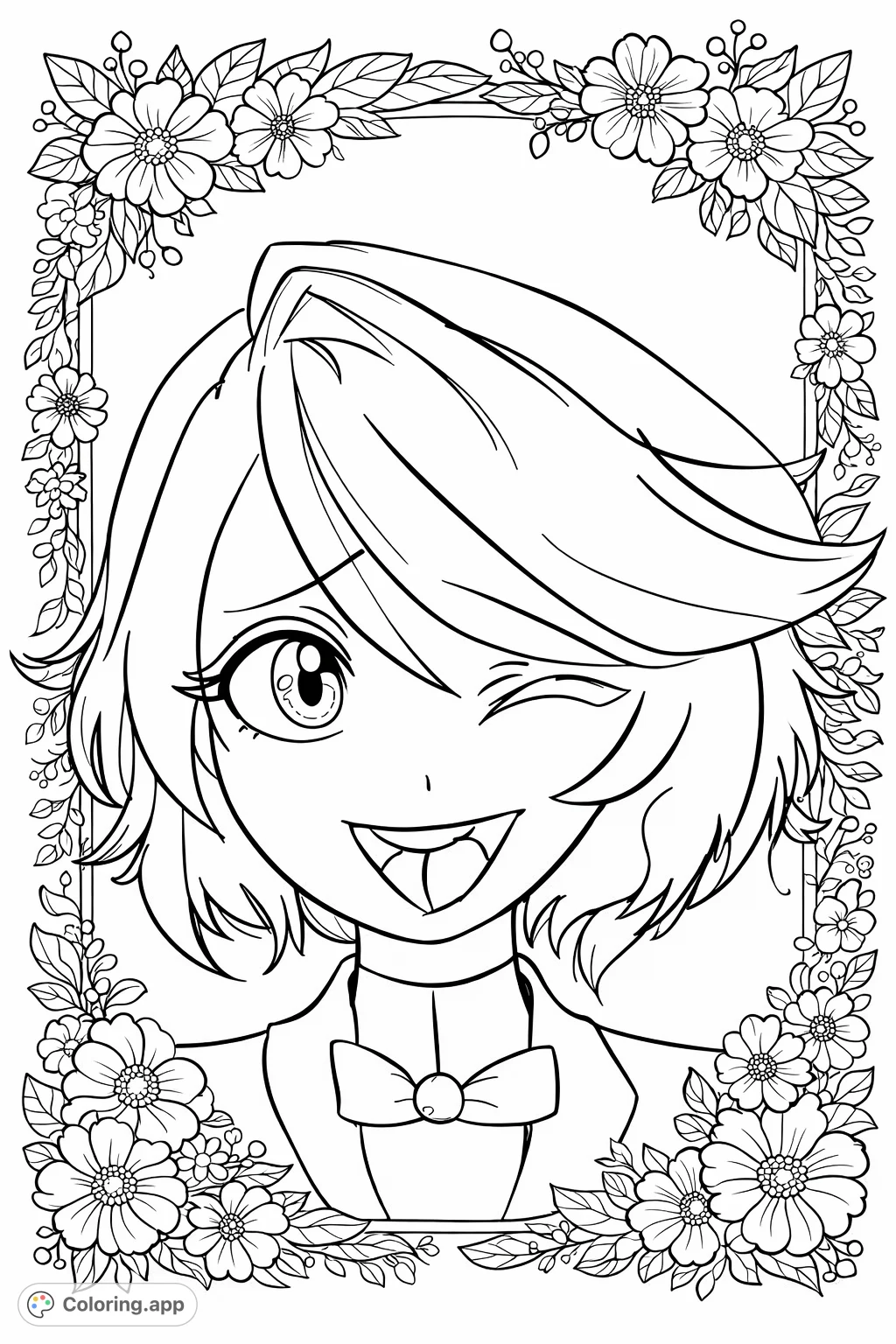 Dive into this playful character coloring page featuring a winking face with a mischievous smile and a charming bow tie, perfect for imaginative artists.