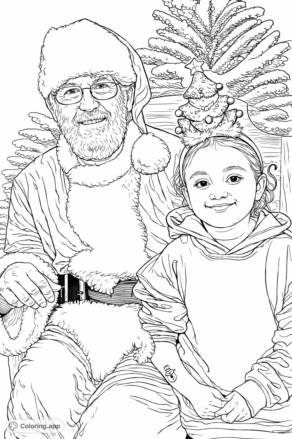 A heartwarming holiday coloring page featuring Santa Claus with a smiling child wearing a festive tree headband against a wintry backdrop.
