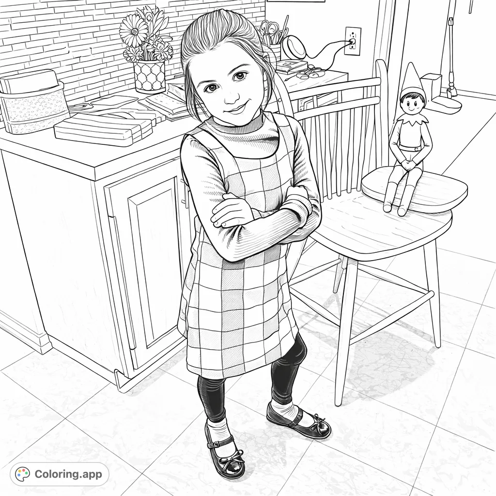 A charming girl in a patterned jumper smiles, standing in a kitchen with an Elf on a Shelf nearby. This free printable coloring page is perfect for family fun and coloring pages for kids and adults.