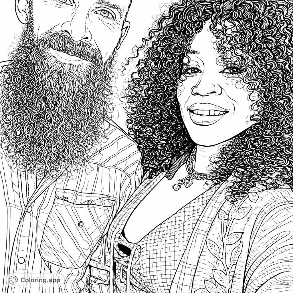 A detailed portrait of a couple, featuring a man with a long beard and a woman with abundant curls, intricate patterns on their clothing and accessories.