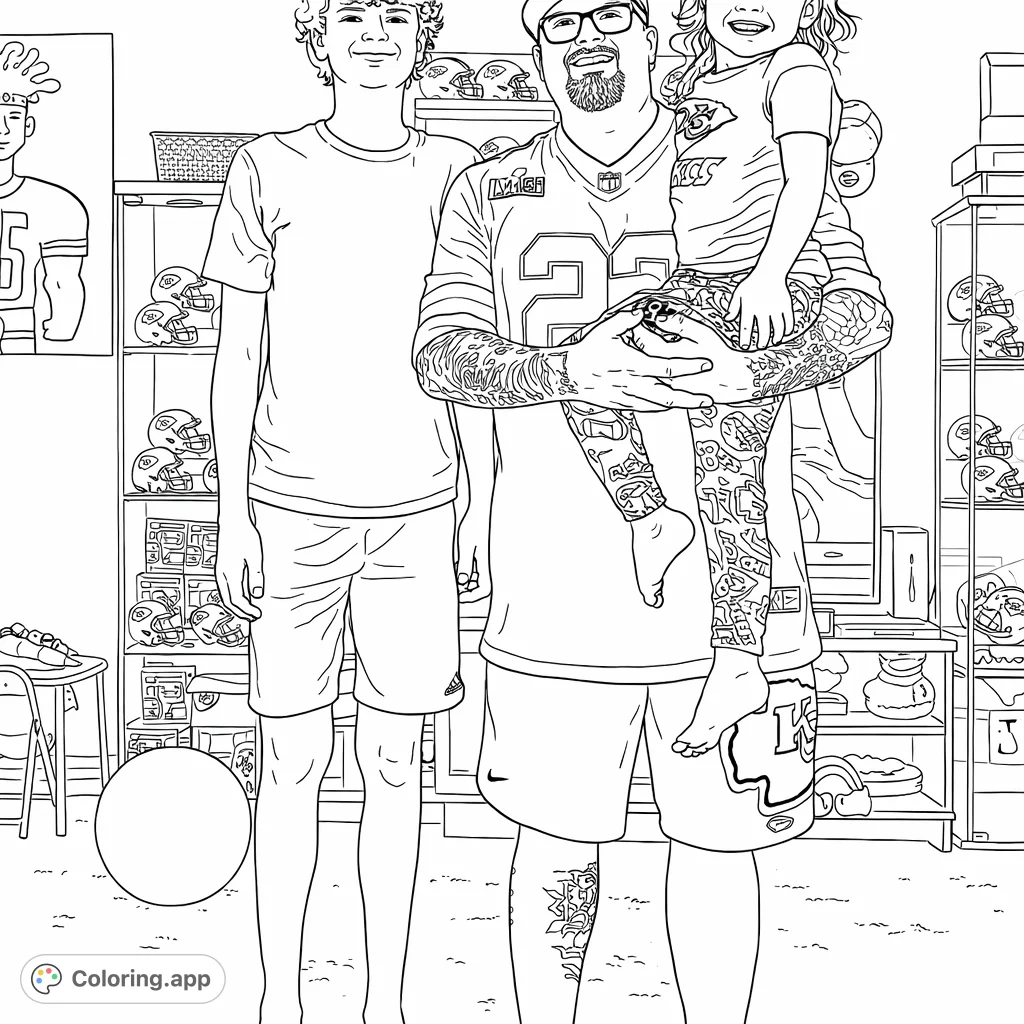 Celebrate family and team spirit with this intricate family fan portrait. Personalize jerseys and backgrounds for a unique coloring experience.