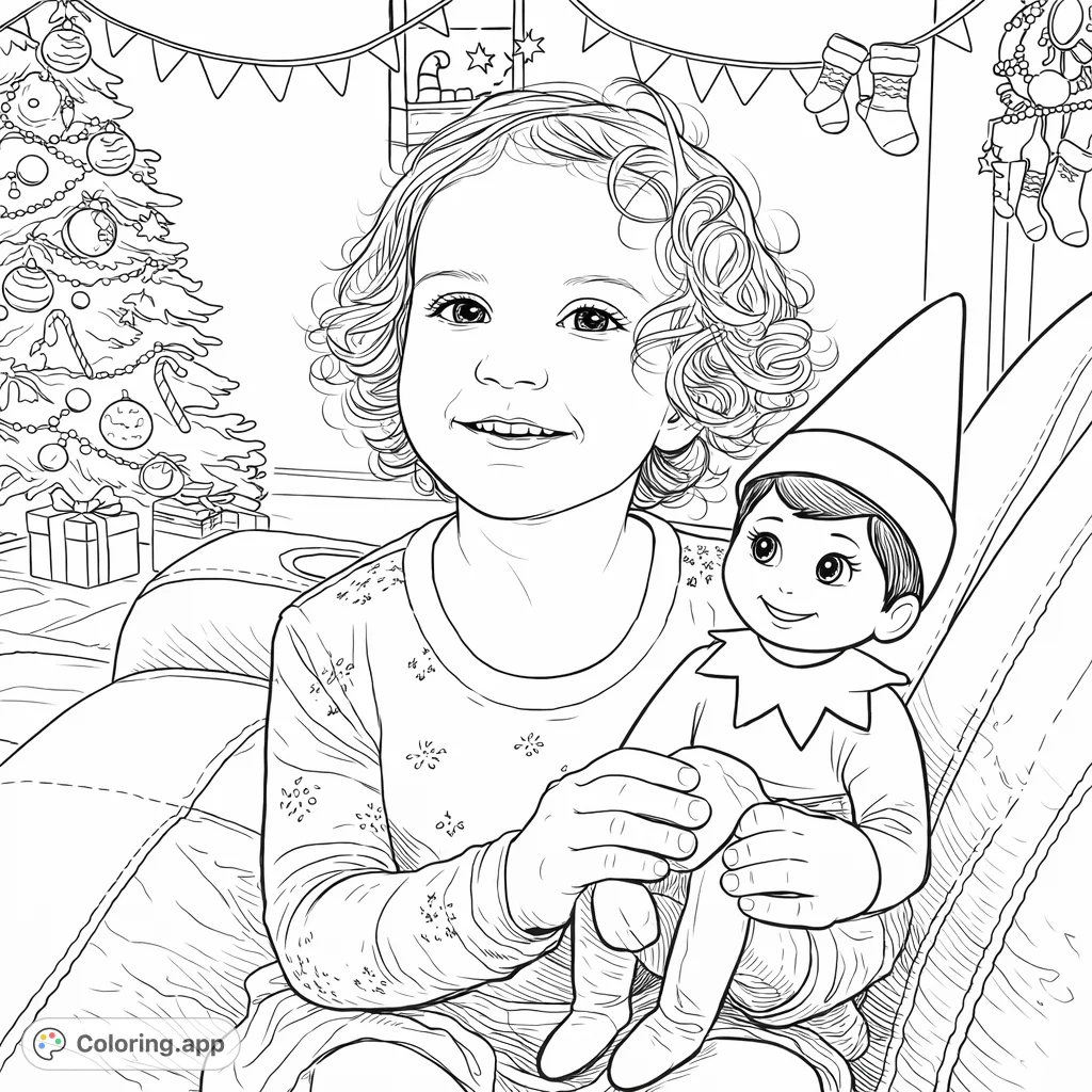 A delightful holiday scene featuring a smiling child holding a traditional elf on the shelf, surrounded by festive background patterns. Perfect for joyful coloring!