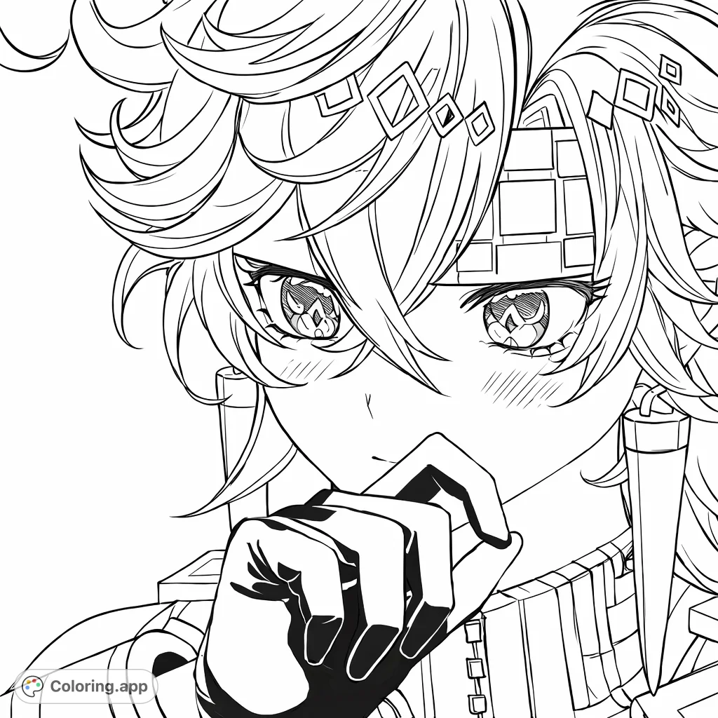 An intricate anime-style portrait of a thoughtful character, featuring detailed hair, expressive eyes, and complex clothing elements perfect for advanced colorists.