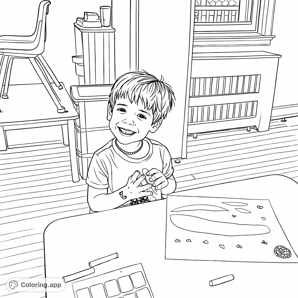 A cheerful child engages in a creative craft activity at a table, surrounded by art supplies and a playful project. A delightful scene for young artists.