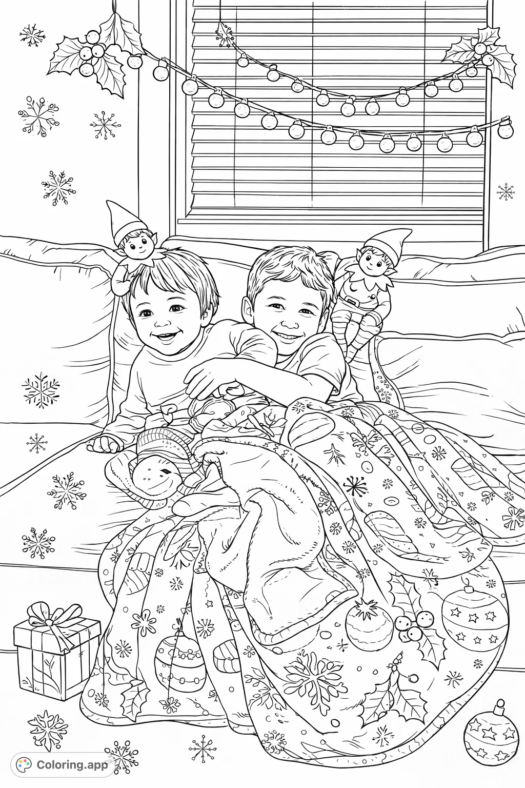 A heartwarming holiday scene featuring two cheerful brothers snuggled under a festive blanket, accompanied by playful elves. A perfect free printable coloring page for festive fun.