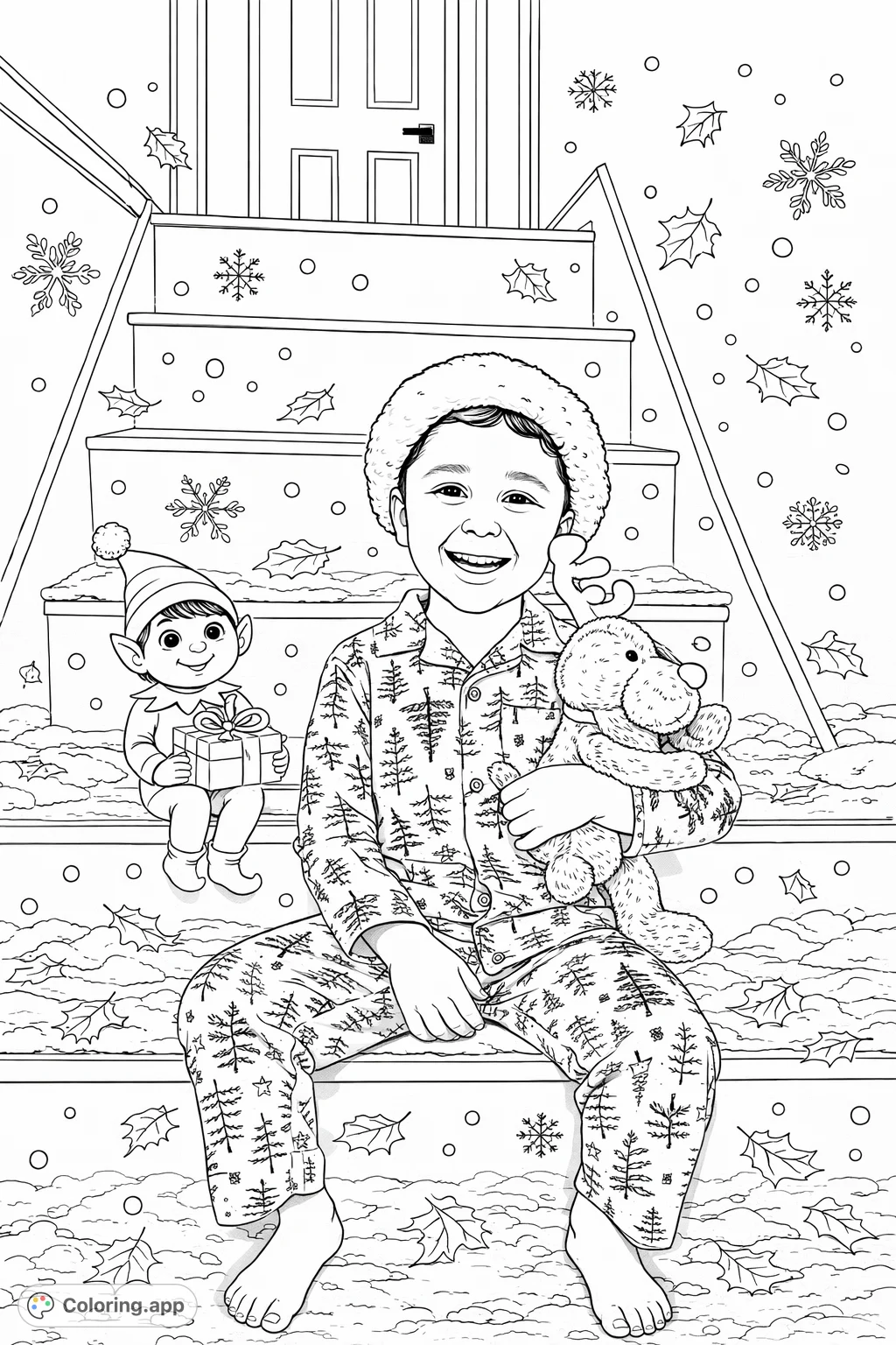 A cheerful child in festive tree pajamas sits on snow-dusted stairs with a plush reindeer and an elf friend, celebrating the season. A joyful, detailed holiday coloring page.