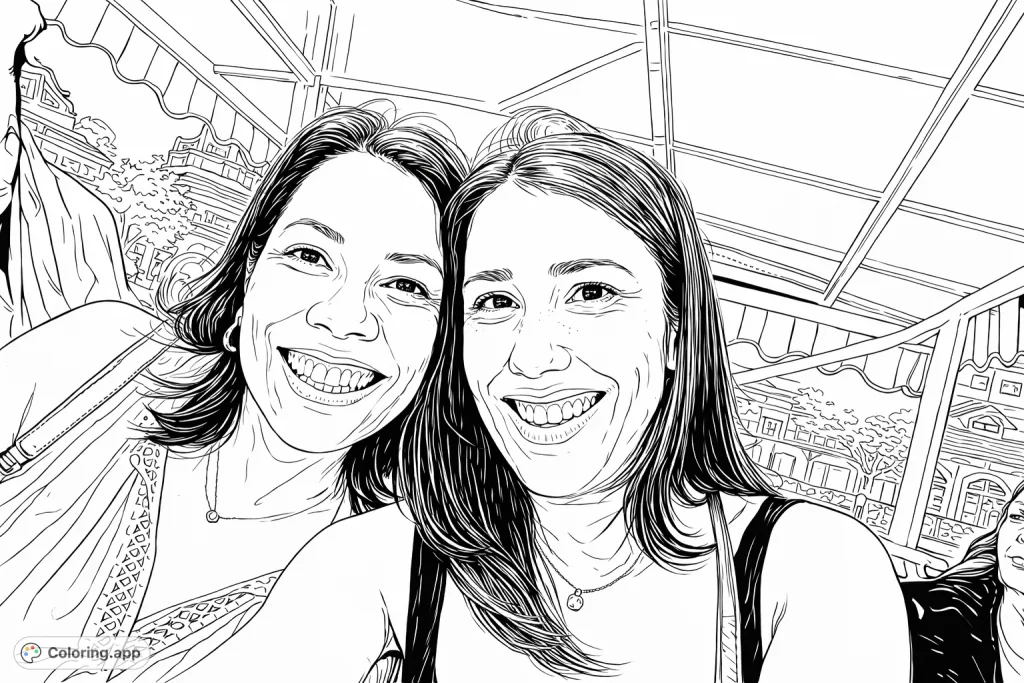 Capture joyful moments with this smiling friends coloring page. Features two women with intricate details, perfect for expressing warmth and happiness.