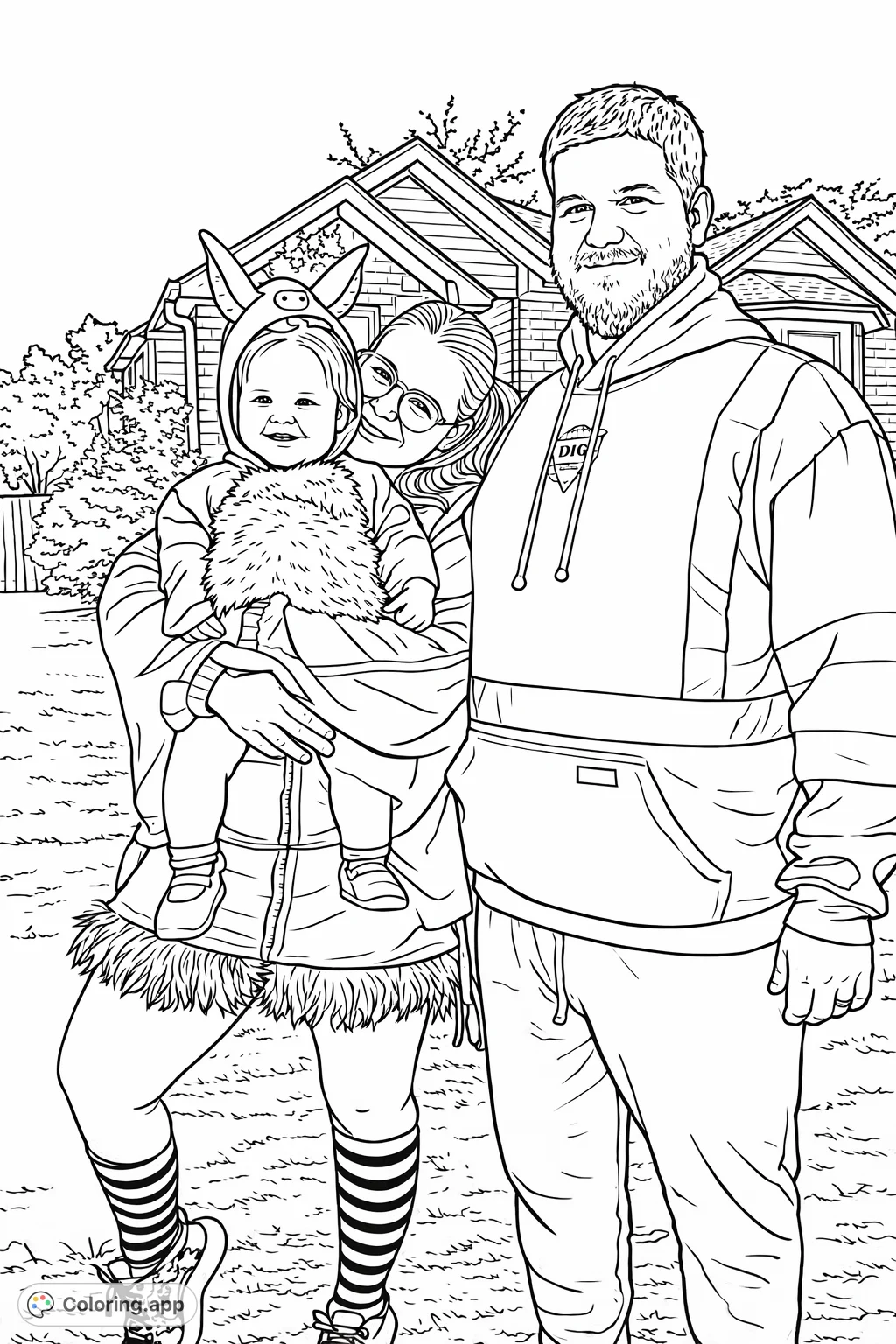 A delightful family portrait featuring a baby in a pig costume, a woman in a costume with striped stockings, and a man in a safety hoodie, all smiling.