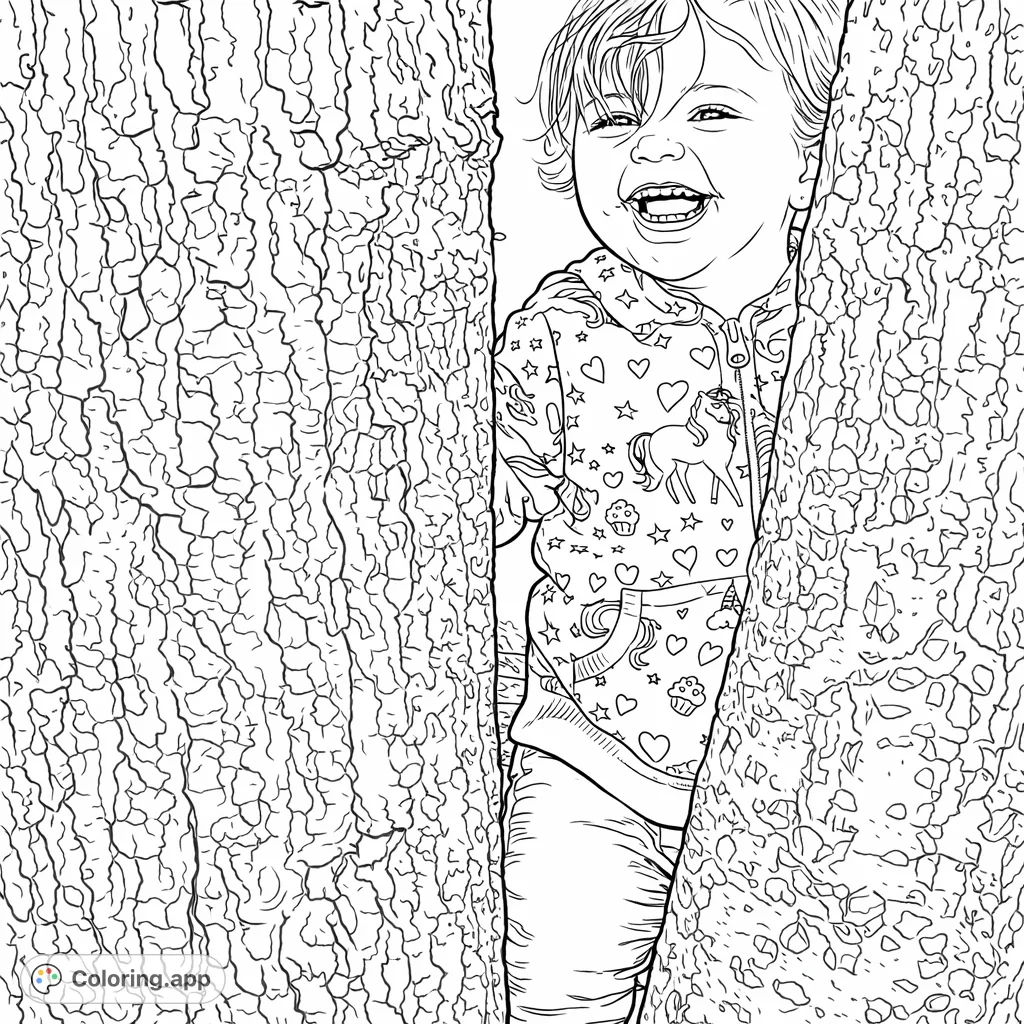 A joyful child peeks playfully between two textured tree trunks, wearing a charming patterned sweater. A whimsical scene for creative coloring.